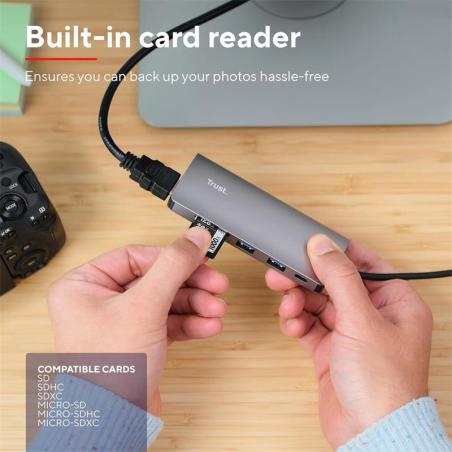 HUB TRUST DALYX USB-C 7 EN 1 HDMI USB-C USB MICRO SD RJ45 SILVER