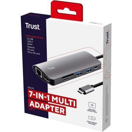 HUB TRUST DALYX USB-C 7 EN 1 HDMI USB-C USB MICRO SD RJ45 SILVER