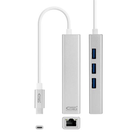 ADAPTADOR NANOCABLE USB-C ETHERNET RJ45 GIGABIT + 3XUSB 3.0 15CM SILVER