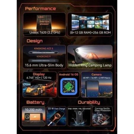 COMANDERO PDA SMARTPHONE CUBOT KING KONG ACE 5 6.75 8G/256G/4G/NFC/IP69K/RUG BLACK