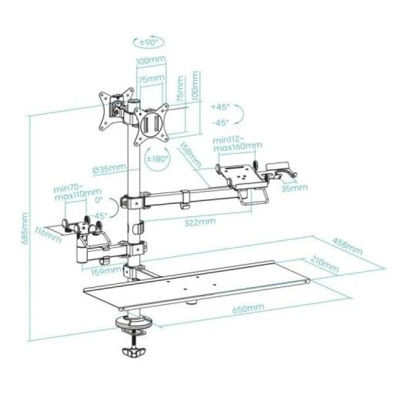 SOPORTE DE MESA TOOQ MONITOR + IMPRESORA + TERMINAL + BANDEJA TECLADO 17-32 2 BRAZOS BLACK
